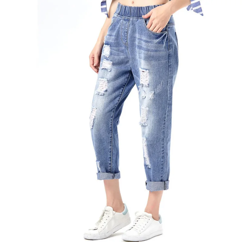

Новинка 2021, джинсы с эластичным поясом, свободные женские брюки-султанки, рваные свободные джинсовые Брендовые повседневные брюки