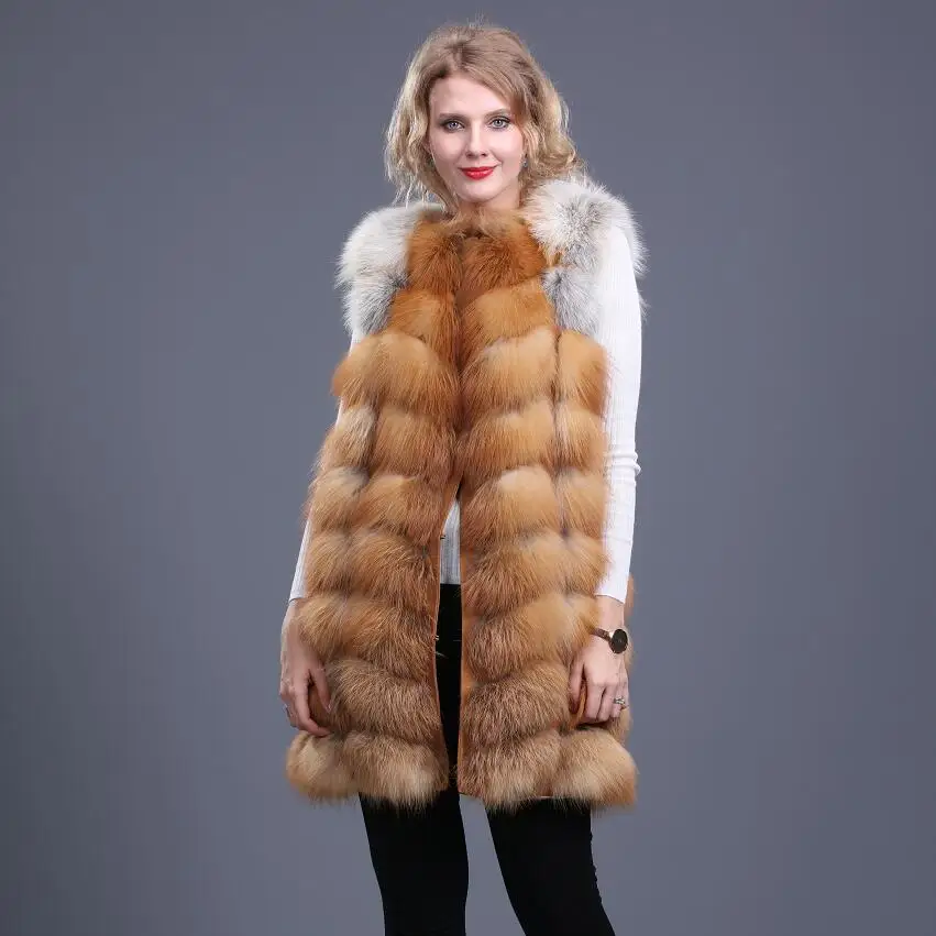 Женский новый жилет из натурального меха Красной лисы жилеты Лисьего зимние
