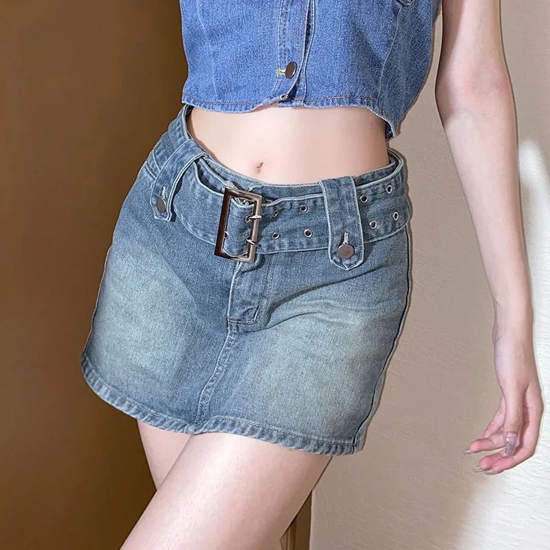 

2021 New Streetwear Y2k Denim Mini Skirt Hot Girl Summer Fashion Korean Casual Mid Waist With Belt Jean Shorts Skirts Women