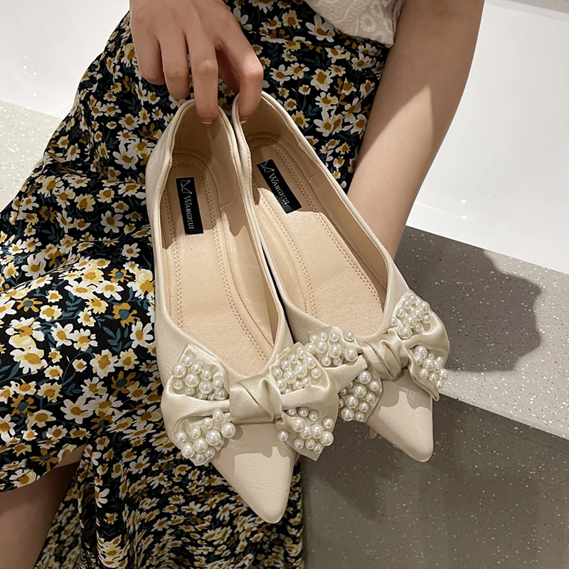Summer Women's Pearl Bowknot Flats Comfortable Soft Sole Casual Shoes Woman New Pointed Toe String Bead Single Shoes