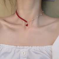 trendy red heart pendant necklaces lady pearl chains rope chains simple temperament neck chains women choker jewelry accessories