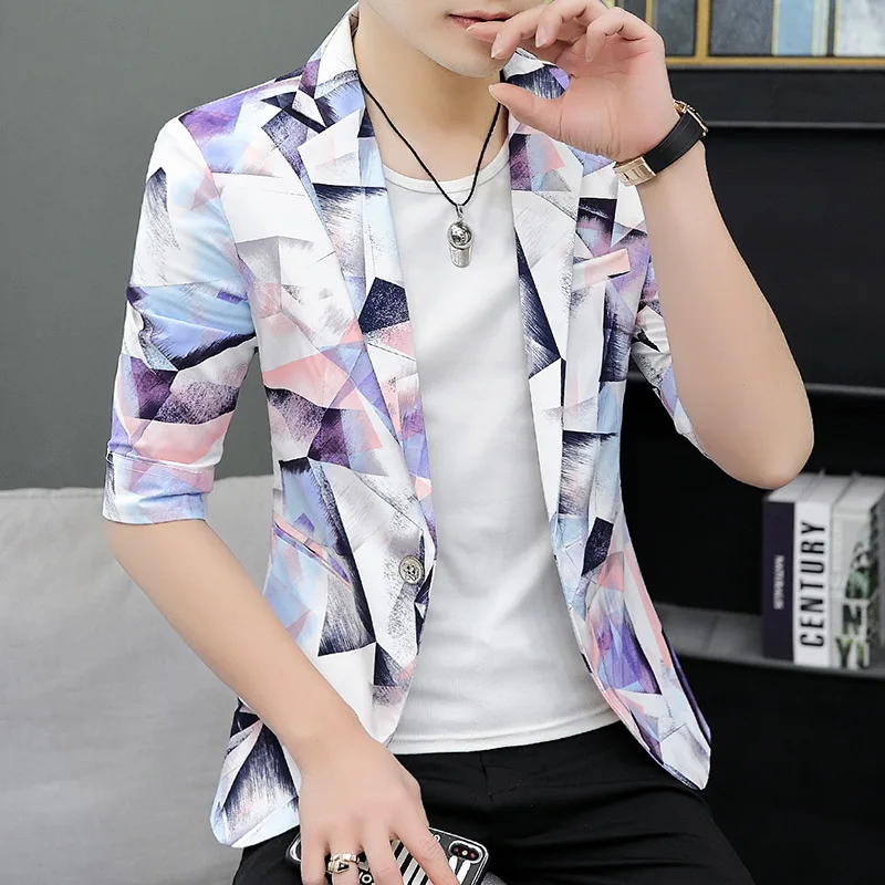 Лето 2020 мужской маленький блейзер с принтом Молодежная рубашка рукавом до локтя