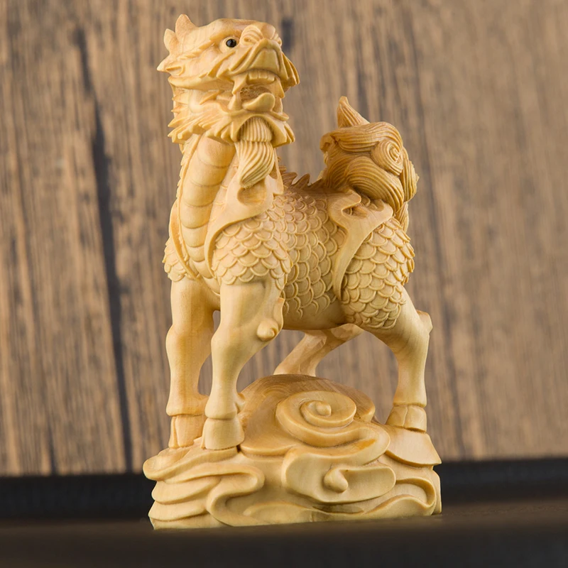 Boxwood 9.7 cm Chinese traditional carving crafts Kylin small ornaments solid wood lucky decorations
