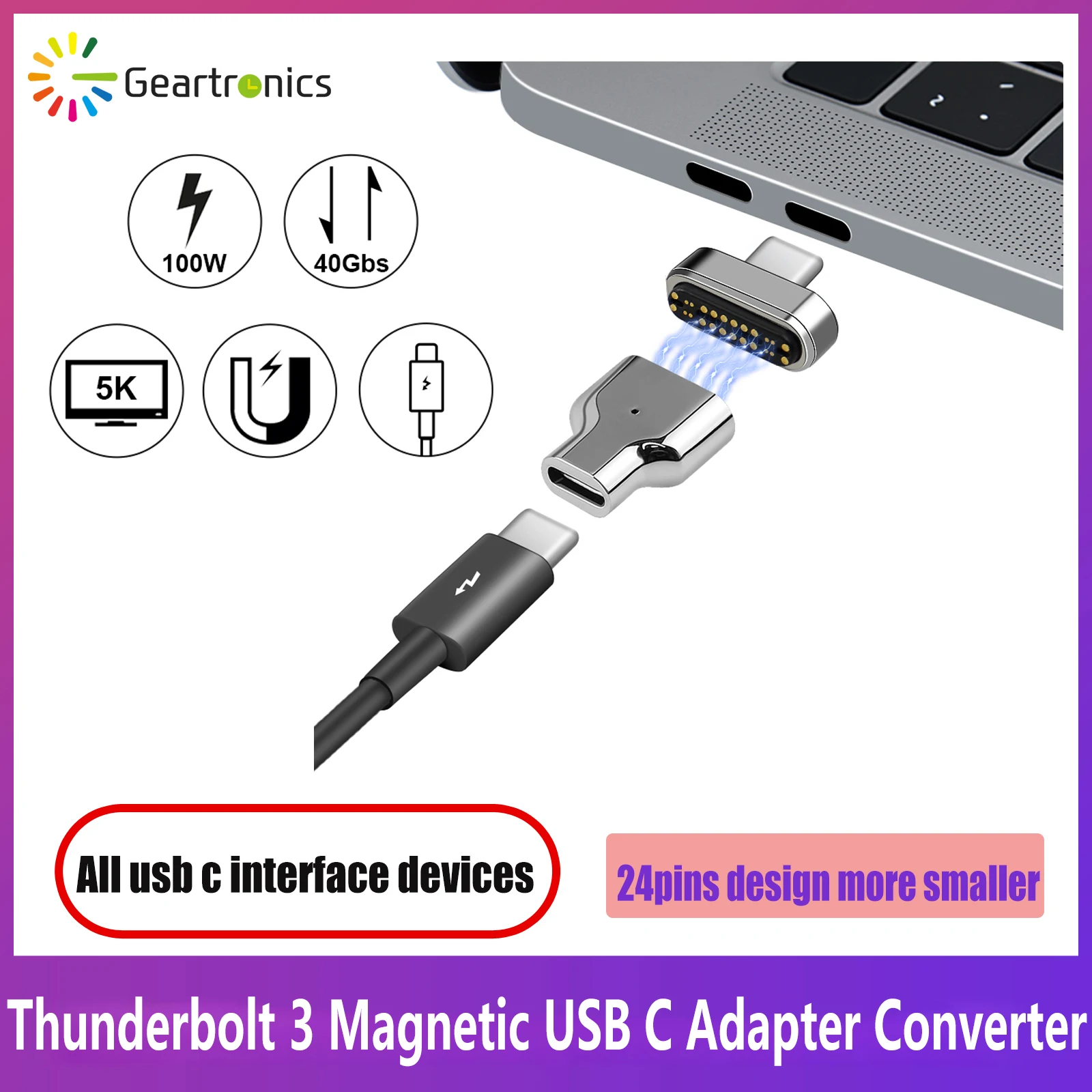 

Магнитный адаптер USB C Thunderbolt 3, 24 штырька, Тип C, разъем PD 100 Вт, быстрая зарядка, 40Gbp/S конвертер для переключателя IPad MacBook Pro