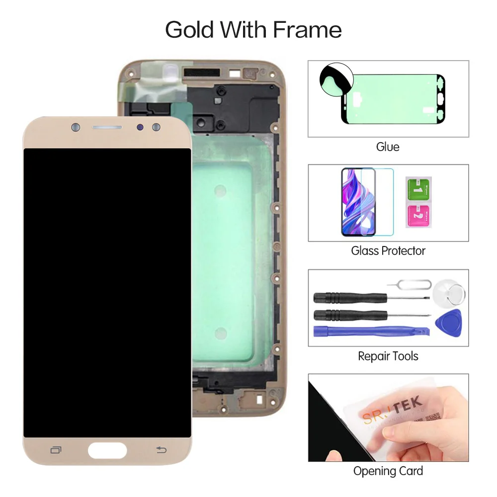 Gold with Frame Super AMOLED lcd s для samsung Galaxy J7 Pro J730 J730F ЖК-дисплей с кодирующий преобразователь сенсорного экрана в сборе закалённое стекло - Цвет: Gold with Frame