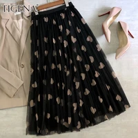tigena tulle maxi skirt women fashion 2021 spring summer heart print high waist pleated mesh long skirt female aesthetic skirt