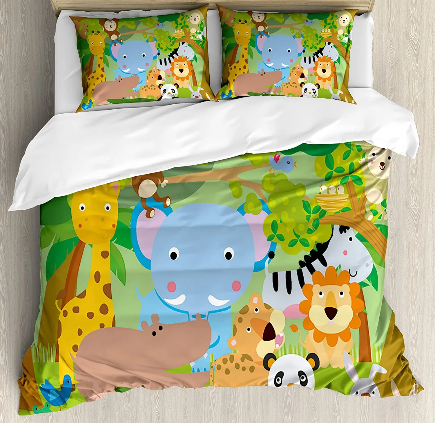 

Nursery Duvet Cover Set Funny Playful Jungle Animals Wildlife Mammals Trees Flowers Colorful Cute Nature Bedding Set for Home