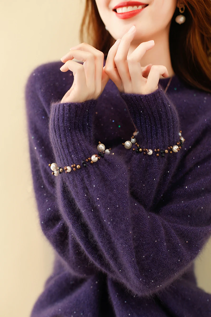 

Heavy work sequin nail beaded raccoon velvet loose knit sweater long sleeve knit top women long sweater women turtleneck