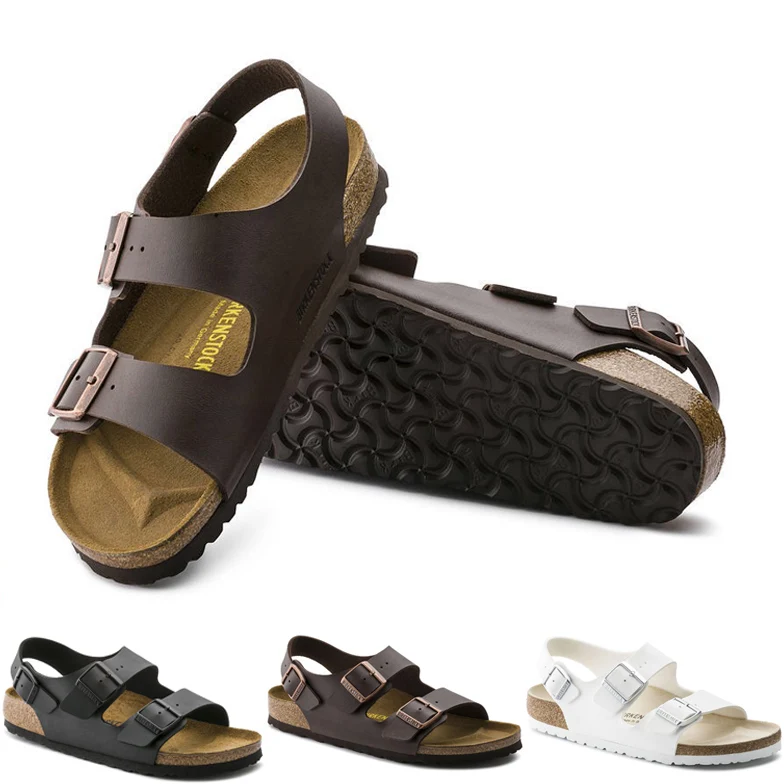 

Original Men Women Sandals 2-Strap PU Leather Platform Comfortable Slippers Cork Sole Slide On Shoes