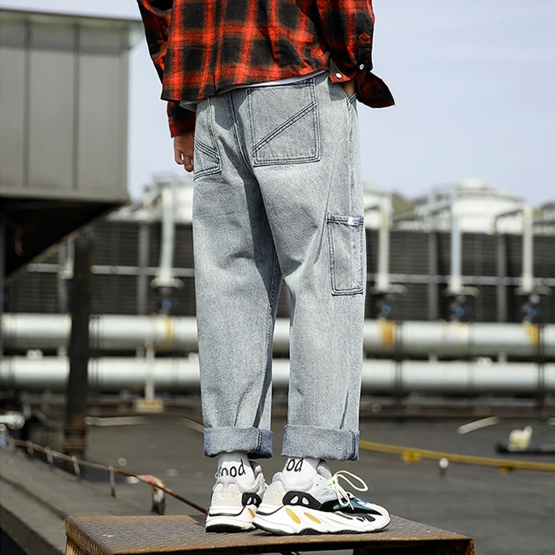 

New Youthful Vintage Jeans Men's Loose Straight Denim Pants Male Multi Pocket Casual Denim Long Pants Mens Daddy Pants Trousers