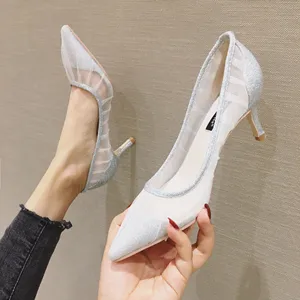 High Heel Wedding Dress Shoes Women's Thin Heels New Silver Sequin Shallow Mouth Single Shoes Mesh Pointed Shoes High Heels