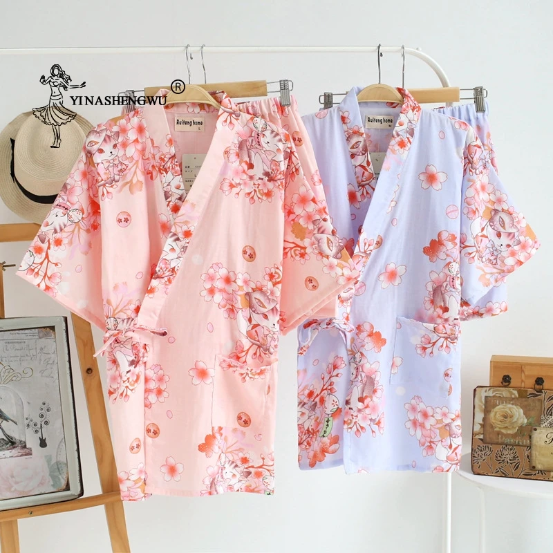 

Japanese Kimono Yukata Women Cardigan Pajamas Shorts Set Summer Pure Cotton Cute Cat and Cherry Blossom Print Home Serve Suit