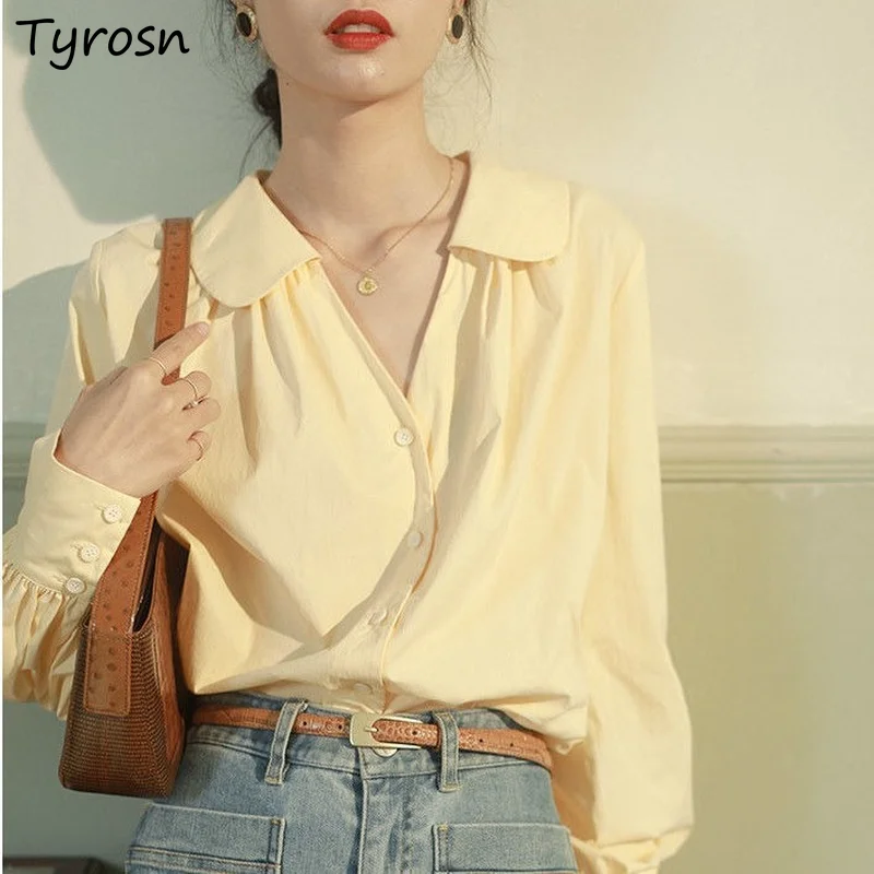 

Однотонные женские рубашки с воротником «Питер Пэн», милые Ретро Блузки в стиле ольччан с рукавами-фонариками в французском стиле, дизайнер...