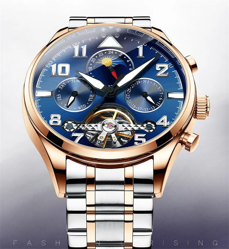 Многофункциональные часы tourbillon для мужчин люксовый бренд Moon фазный Автоматический Механические часы полый маховик мужские часы новые