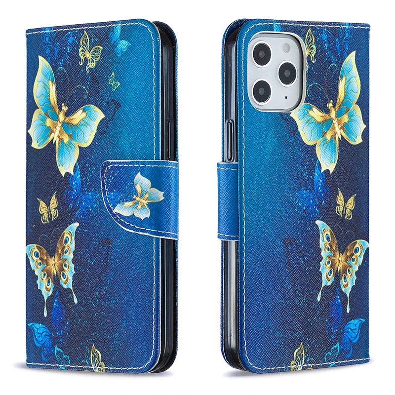 

Cute Cartoon Painted Leather Case For IPhone 12 Pro Max MiNi Invisible Bracket Card Holder Wallet Antishock Antidrop Phone Cover