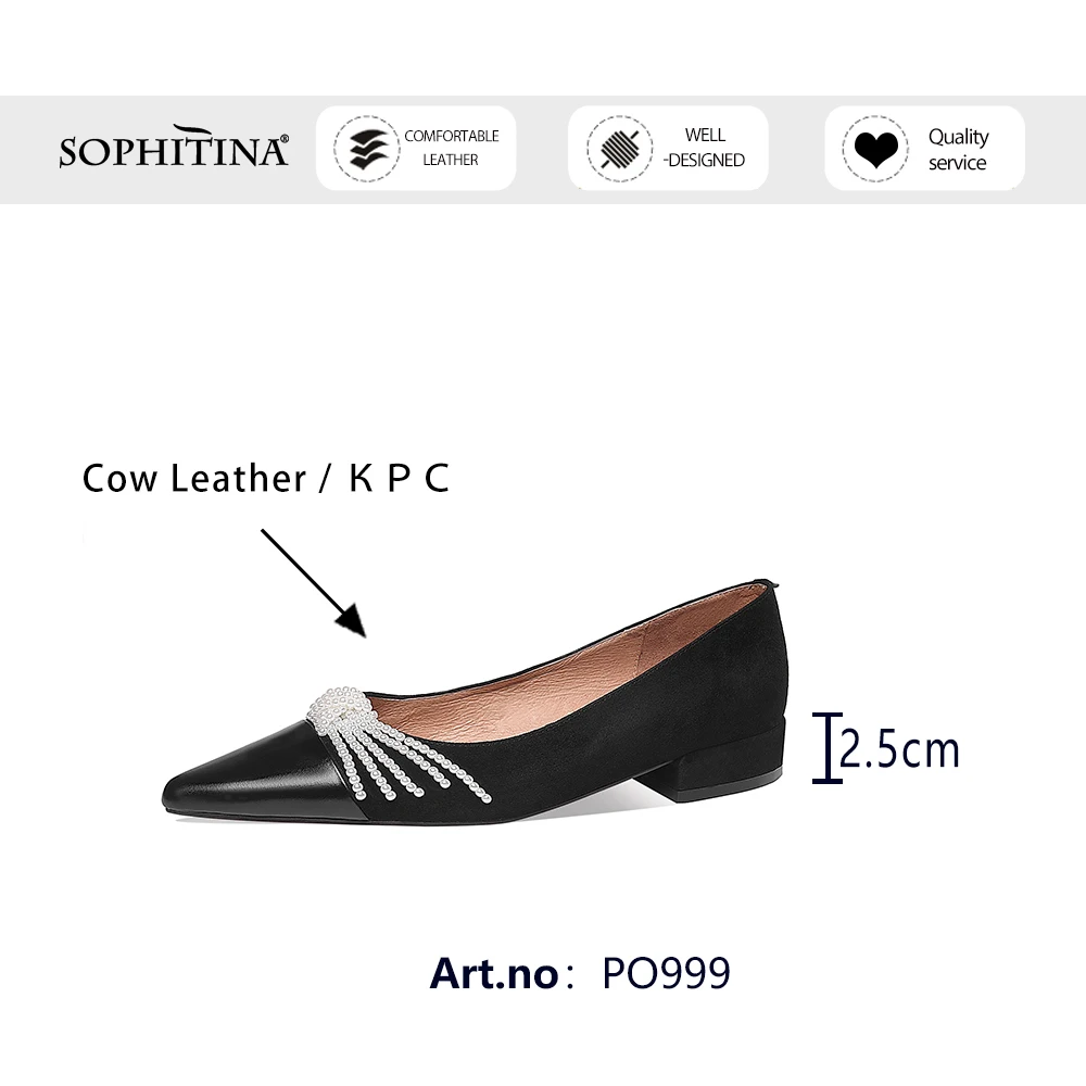 

SOPHITINA Flats Spring Autumn Genuine Leather Woman Shallow Pointed Toe Pearl String Bead Low Square Heel Flat Lady Shoes PO999