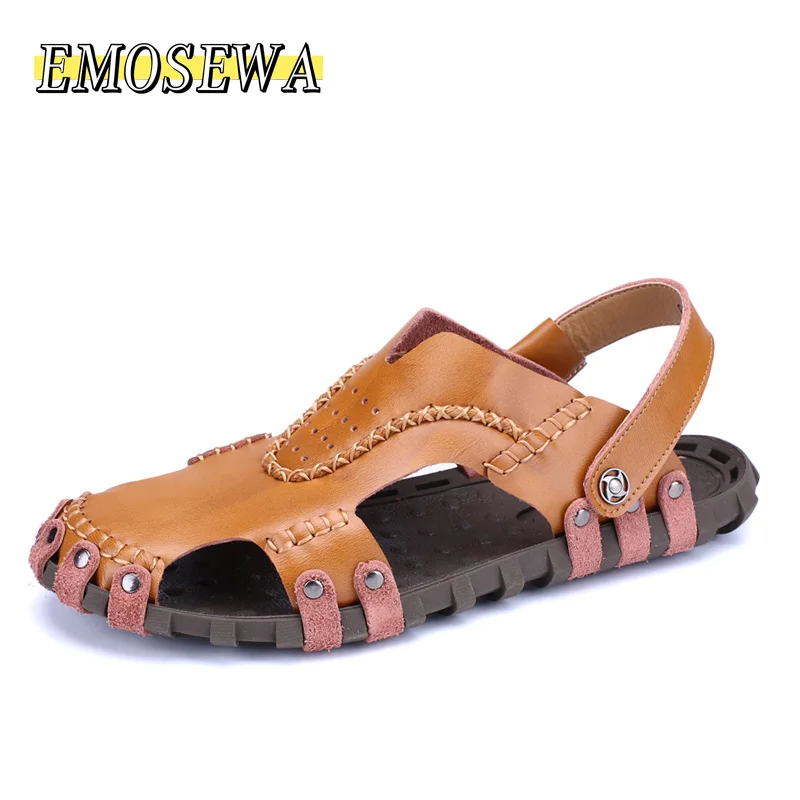 EMOSEWA/брендовые летние сандалии для мужчин Кожаные пляжные дышащие Удобные мягкие