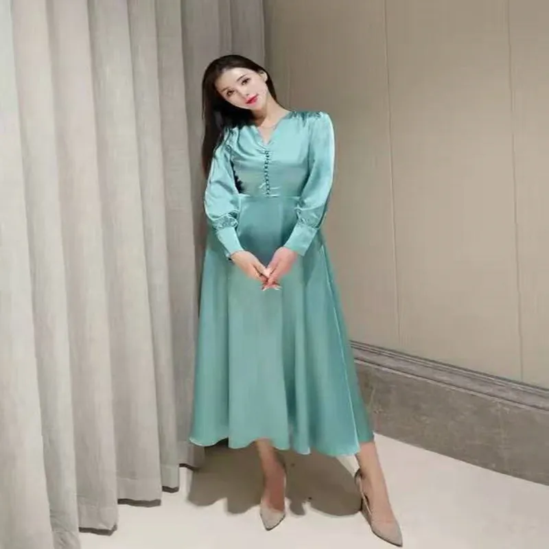 2020 new dress Elegant Lady Deep V-neck Silk Satin Slim Long-sleeved Party Dress Green Long Dresses Sexy Clubwear | Женская одежда