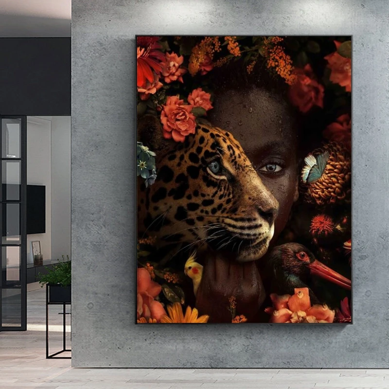 

African Art Black Woman Tiger Rose Bird Oil Painting on Canvas Cuadros Posters and Prints Wall Art Picture for Living Room Decor
