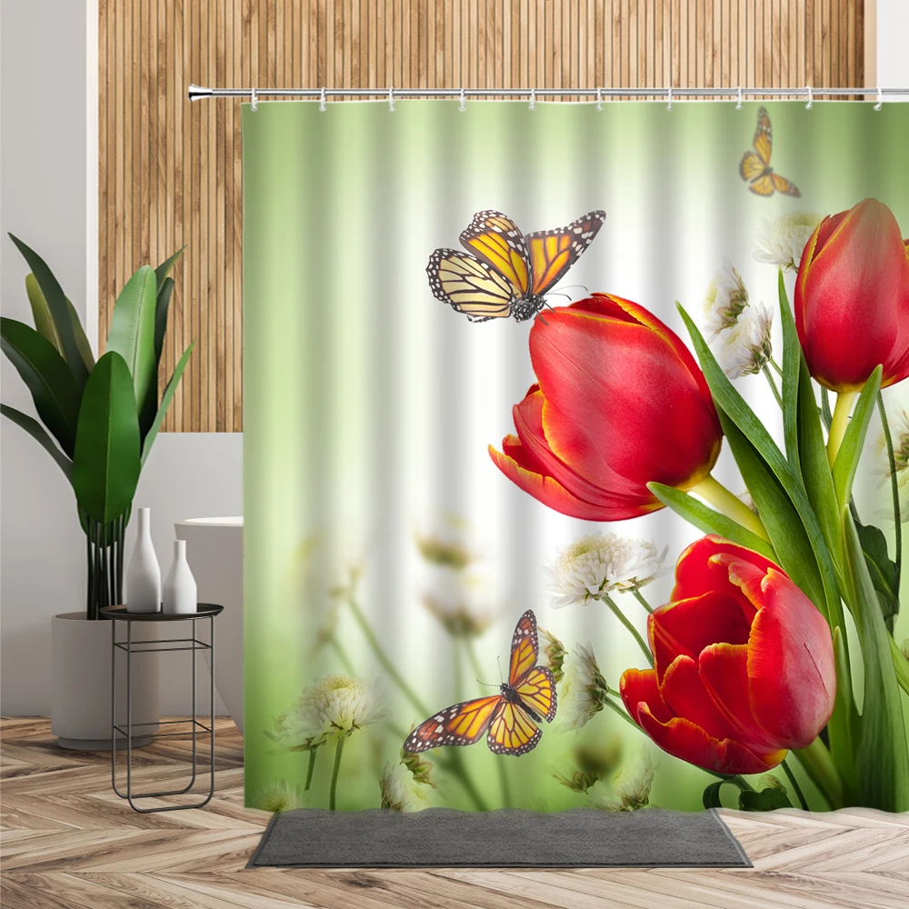 Весенняя занавеска для душа с 3D изображением бабочек и цветов красная фиолетовая