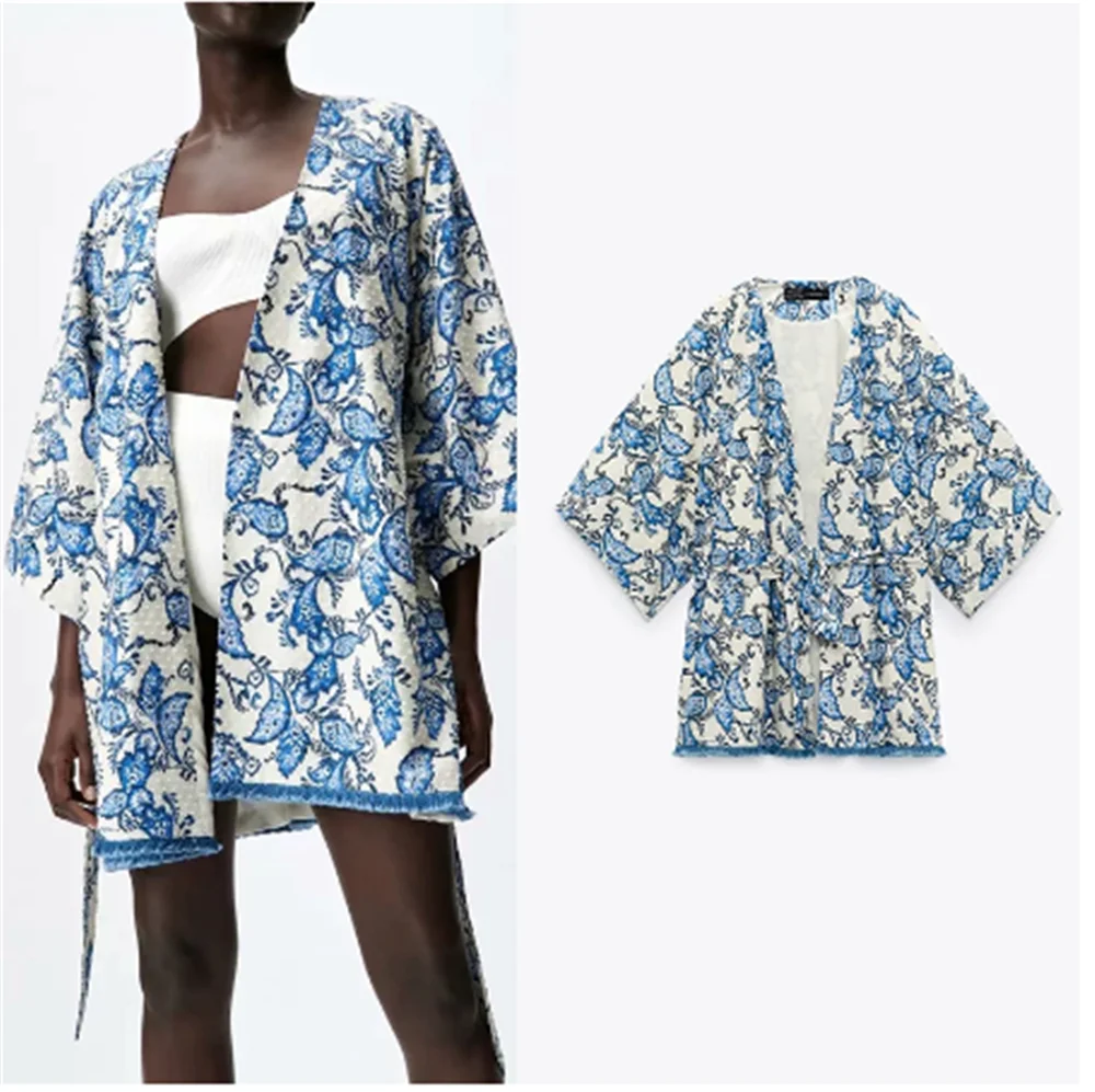 

ZA Kimono Cardigan Womens Tops And Blouses Belt 2021 Spring Autumn Print Streetwear Female Flared Sleeves Long Shirt Clothes