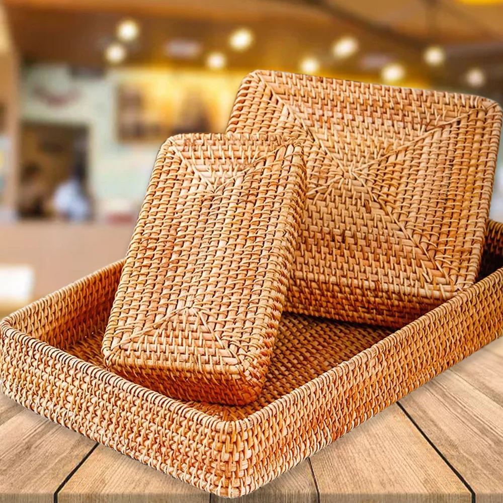 

3PCS Rattan Woven Tray Hand-Woven Basket Fruit Food Snack Rattan Storage Tray For Living Room Bedroom Home Office Decor