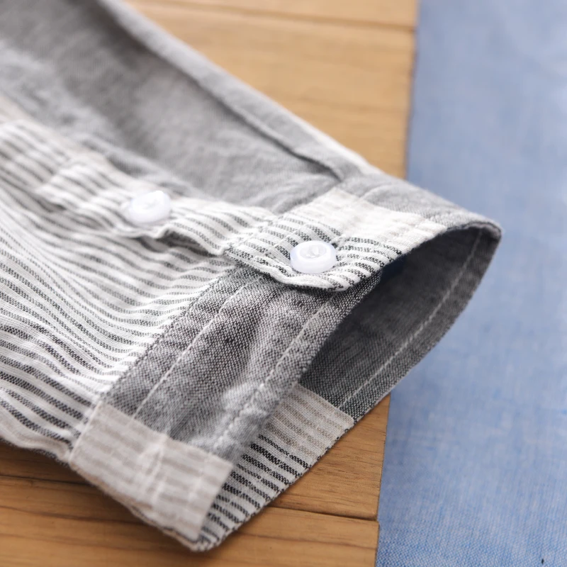 Рубашка мужская в полоску из хлопка и льна с воротником-стойкой рукавом до локтя |