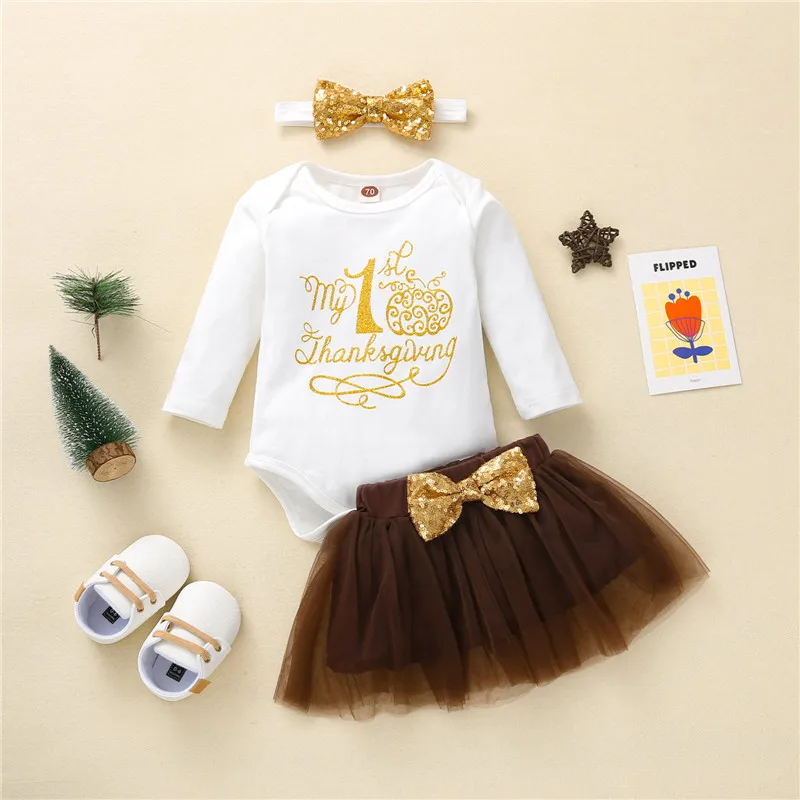 

2021 Baby Girls Thanksgiving Clothes Printed Pattern Long Sleeve Romper Brown Yarn Skirt Headdress Baby's Sets