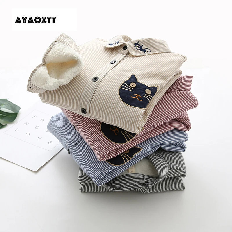 

Ayaoztt women's winter velvet thick warm striped long sleeve blouses, women tops, cat embroidery shirts, blue