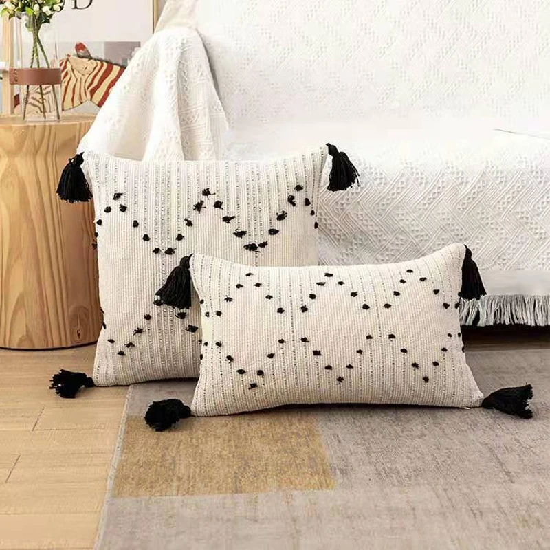 

Черный и белый геометрический чехол для подушки 45x4 5 см/30x50cm Подушка с кисточкой Обложка тканым для украшения дома диван-кровать