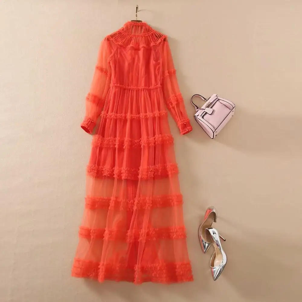 

Women's Spring Runway Fashion Festa Vestidos Full Sleeve Charming Perspective Lace Long Party Dress