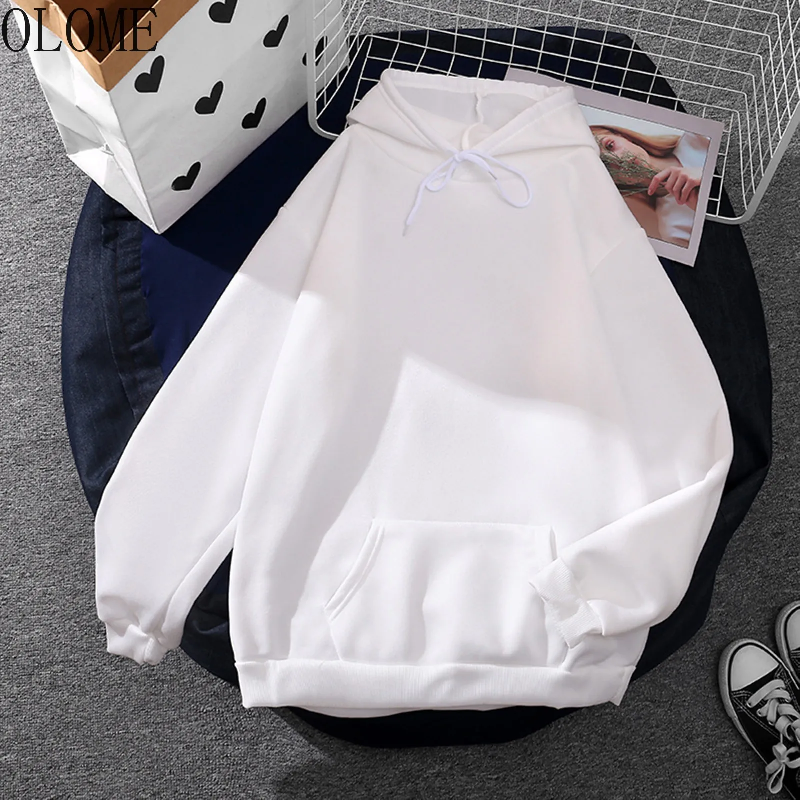

OLOME Korean Style Solid Oversized Hoodie With Kangaroo Pocket For Women Girl Autumn Winter Hooded Sweatshirts