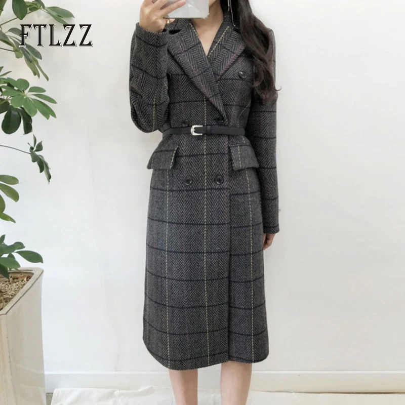 Модное женское клетчатое шерстяное пальто одежда осень зима тонкий воротник