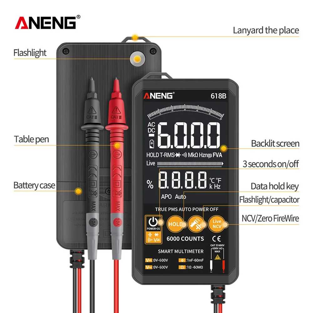 ANENG 618B Цифровой мультиметр сенсорный DC/AC Профессиональный Аналоговый тестер True RMS