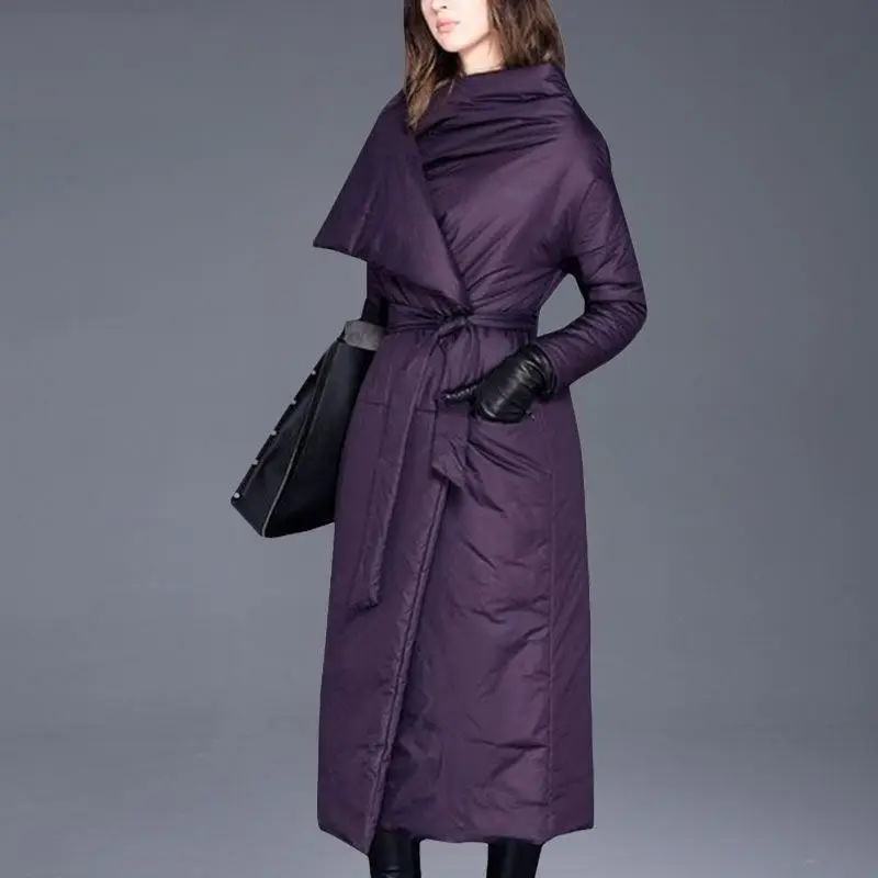 Purple Новые зимние женские теплые утепленные куртки с поясом на белом утином пуху, женские повседневные тонкие пальто, длинные женские пуховики Casacas C174 - Color: Purple
