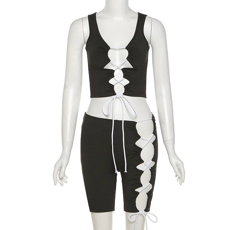 

Skennyee Street 2021 Summer Women's Sexy Hollow Up Strap Fashion High Waist Hip Tight Shorts Casual Suit