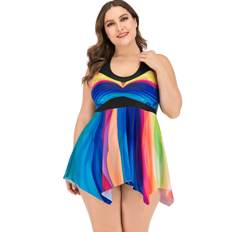 

2021new European and American Conservative Swimming Women's Large Size Split Skirt Style Fat Girl Plus Size Swimwear Swimsuit