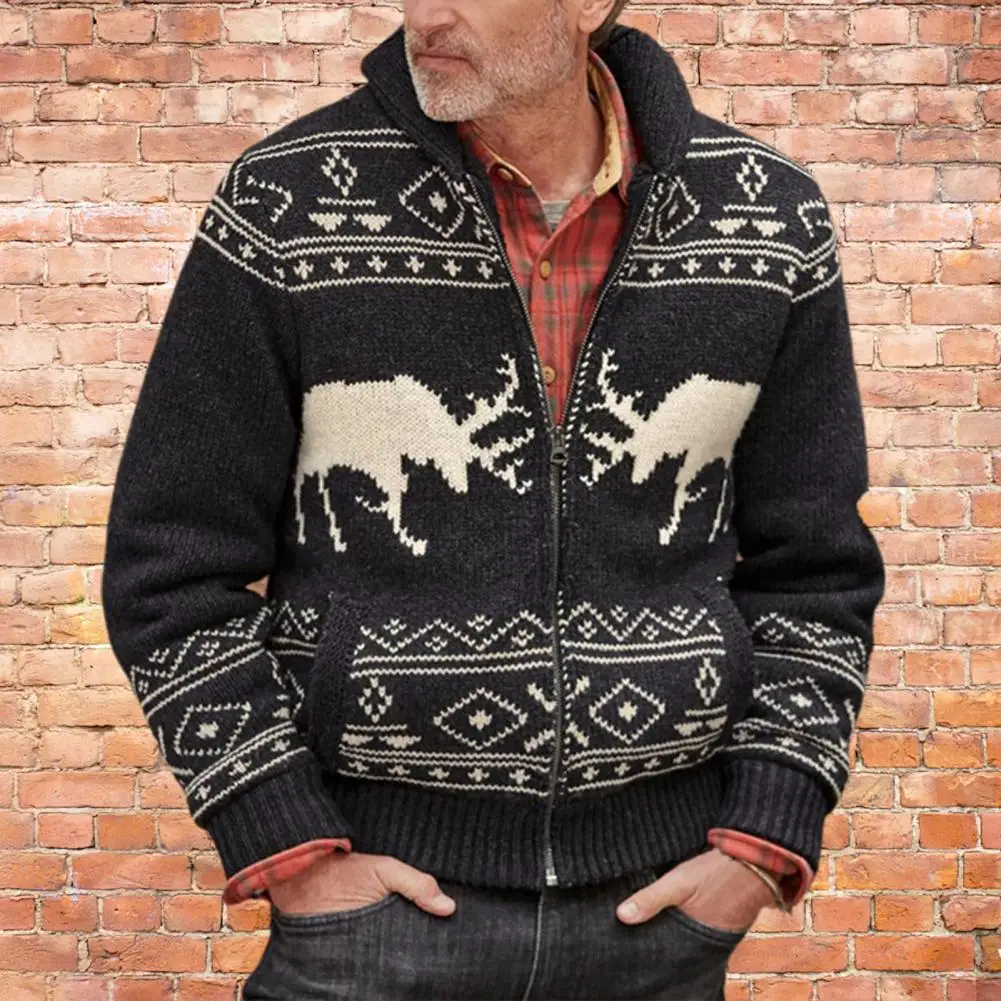 Теплый плотный мужской свитер с воротником-стойкой праздничное вязаное пальто