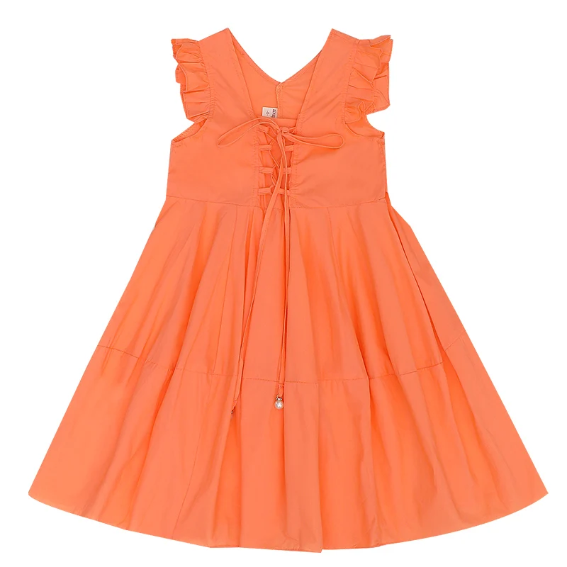 

Cute Princess Summer Casual Fly Sleeve Drawstring Knee-length Solid Bow Dresses Kids Children Middle Girls Clothes 4-14Y