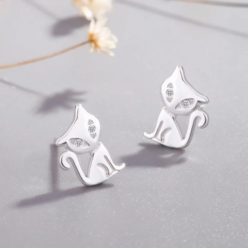 

925 Sterling Silver Animals Cat Stud Earrings For Women Girls Female Wedding Fashion Jewelry