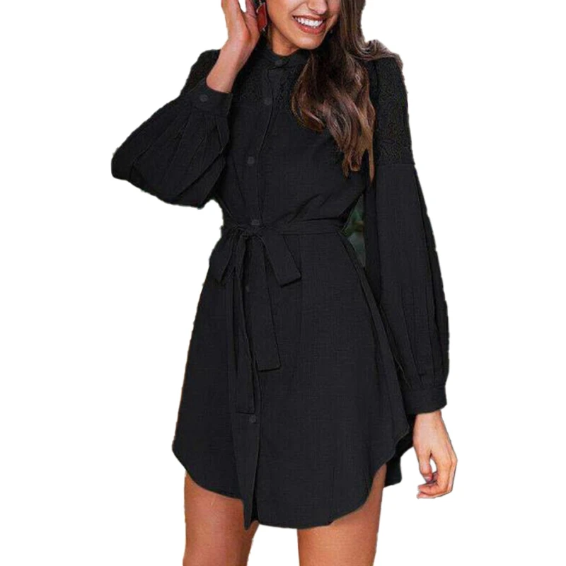 

2021 New Spring Women's Sexy Fashion Lace Long-sleeved V-neck Casual Solid Color Bandage Dress Shirt Style Dress