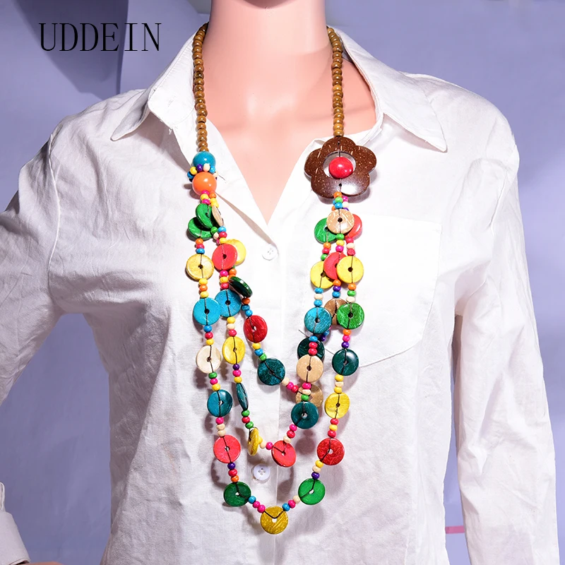 Женское длинное ожерелье с крупным деревянным цветком и кулоном многослойное