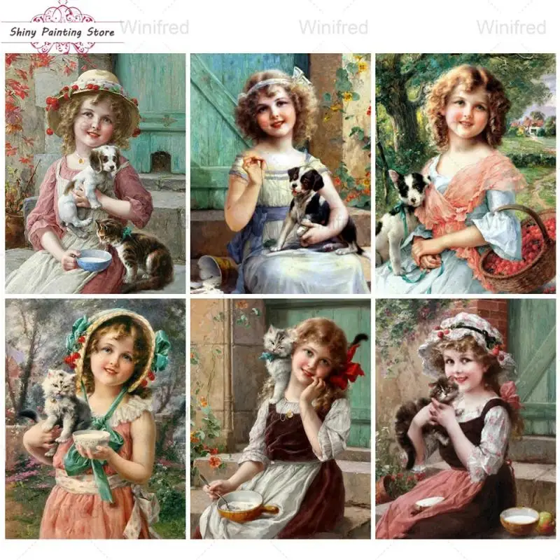 

Diamond Painting Cross Stitch Kit Girl With Dog Cat Mosaic Full Square Round Diamond Embroidery Girl Portrait Classical Painting
