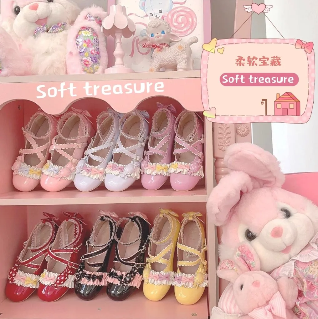 

Original Lolita Lace Bowknot Soft Sister Sweet Cute Grace Thin Shoes PU Round Toe Shoes Wave Point Candy Accessories Multicolor