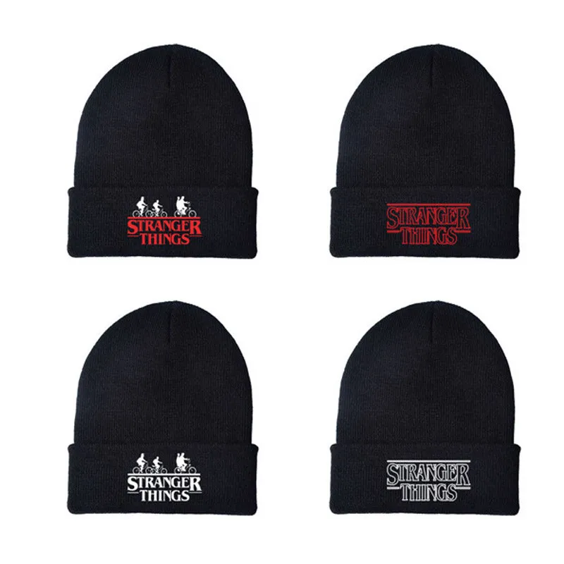 

Stranger Things Knitted Hat Print Winter Warm Black Skullies Beanie Cap Streetwear Autumn Winter Gift for Men Women