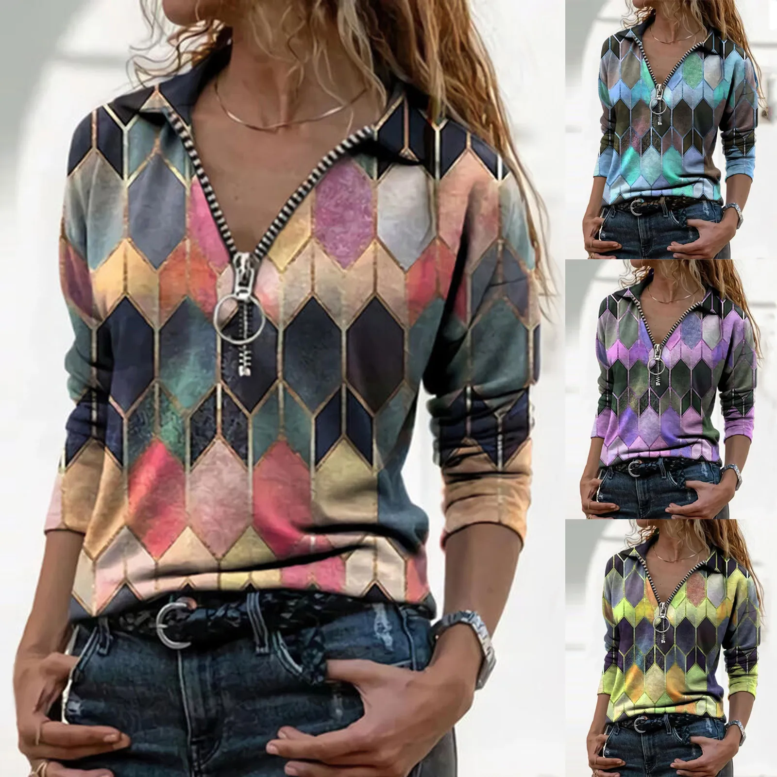 

Spring Tops Women 2021 Fashion Casual Tops Lapel Geometric Print Zipper Long Sleeve Plus Size Casual Blouse T-shirt Top