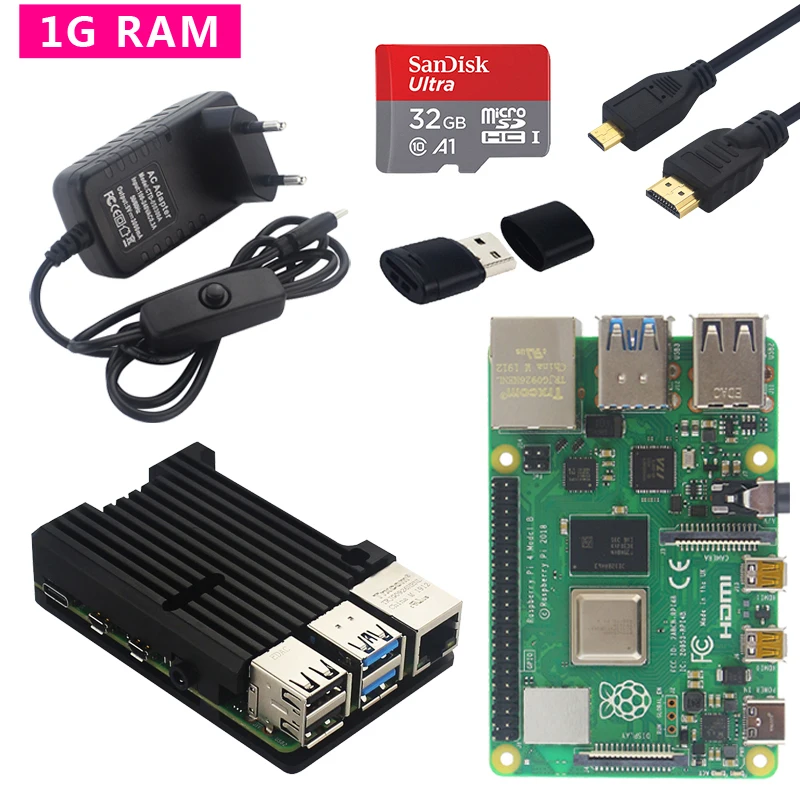 Raspberry Pi 4 Модель B комплект двойной вентилятор Алюминиевый Чехол+ переключатель адаптер питания+ Micro HDMI кабель+ 32 ГБ sd-карта для Pi 4 4B - Комплект: Комплект 4