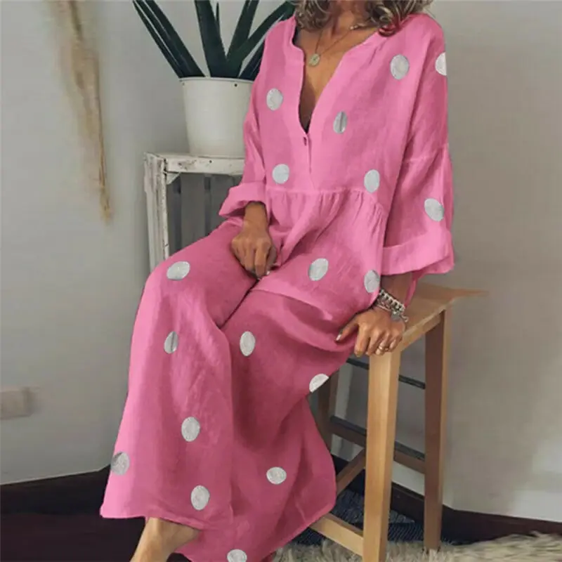 Plus Size Women Boho V-neck Long Shirt Dress Summer Holiday Polka Dot Maxi | Женская одежда