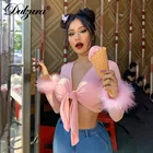 Женский меховой укороченный топ Dulzura, облегающая футболка с бандажным бантом и длинным рукавом, одежда для вечеринок и клубов, Осень-зима 2019