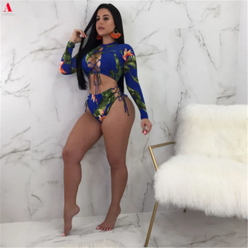 Сексуальный женский цветочный укороченный топ с длинным рукавом комплект бикини